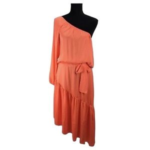 BCBG MaxArzia “Kelli" tangelo orange one shoulder dress